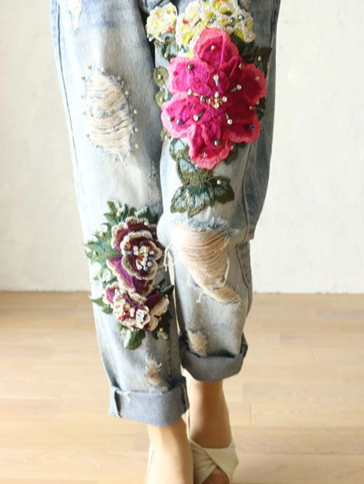 Women's Floral Embroidery High Waist Loose Harem Jeans