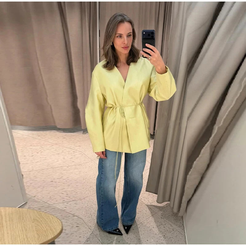 Elegant Stain Loose Jacket Pants Suit Women Solid Lace Up Full Sleeve V-neck Jackets Wide Leg Trousers Fashion Street Sets Lady