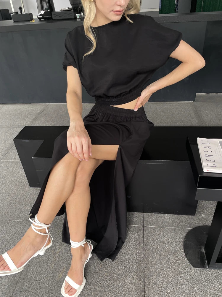2026 Women Fashion Summer Top Shirt Two Piece Clothing Set White Black