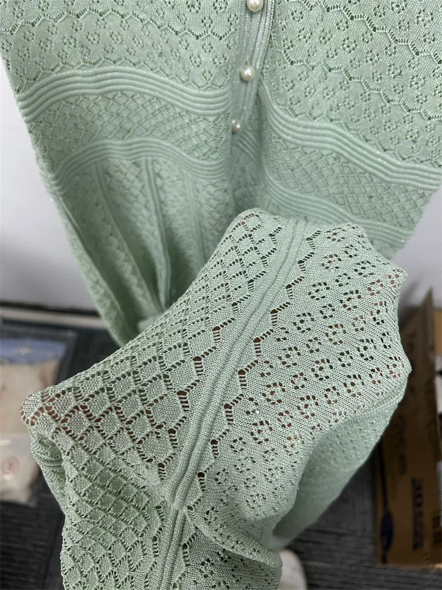 2026 NEW Ladies Spring Summer Short Sleeved Knitted Dress Women Single Row Pearl Button Diamond Patterned Pleated Dress