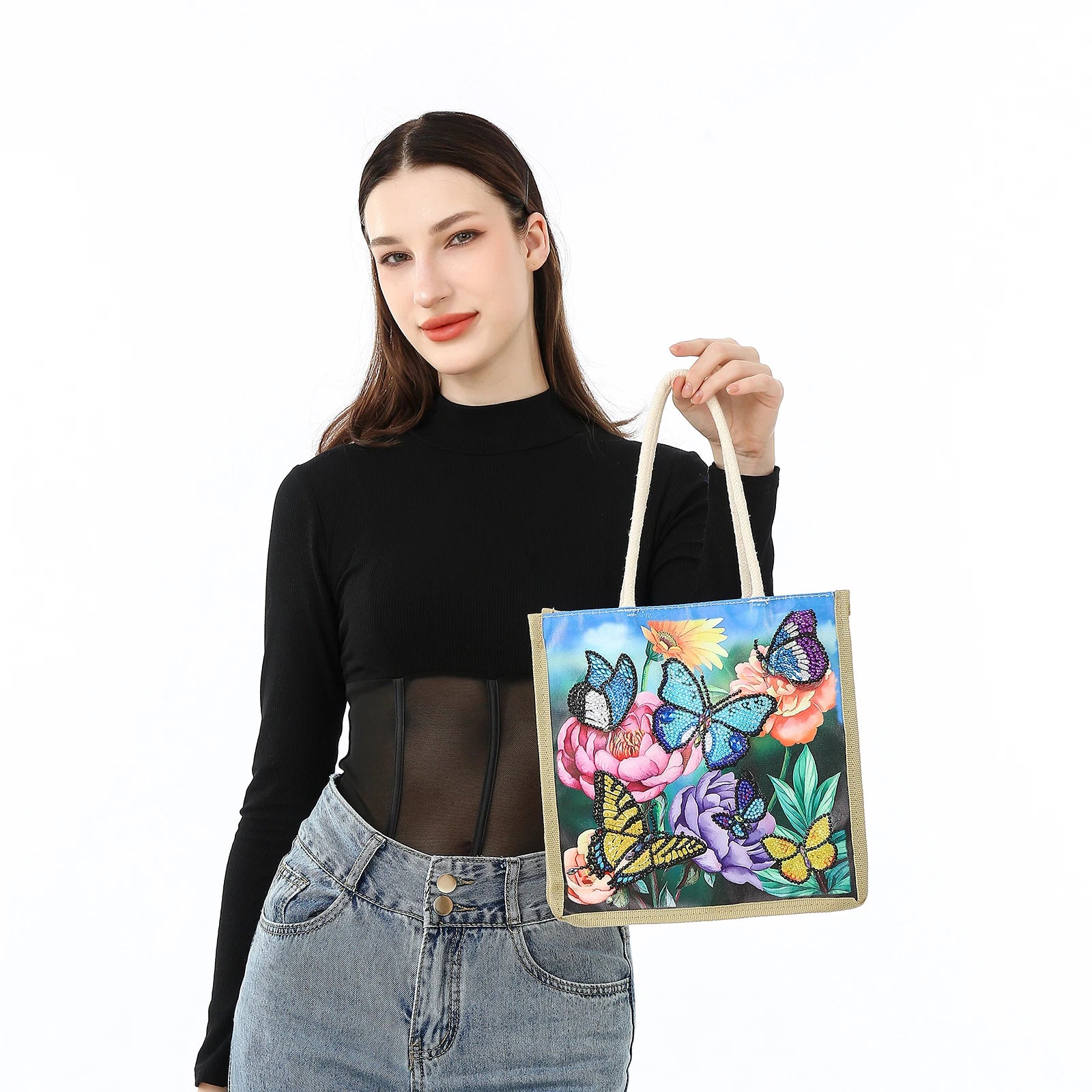 Flower Butterfly Diamond Art Painting Tote Bag,5D DIY Rhinestone Cross Stitch Shopping Bag Shoulder Bag Canvas Grocery Bag