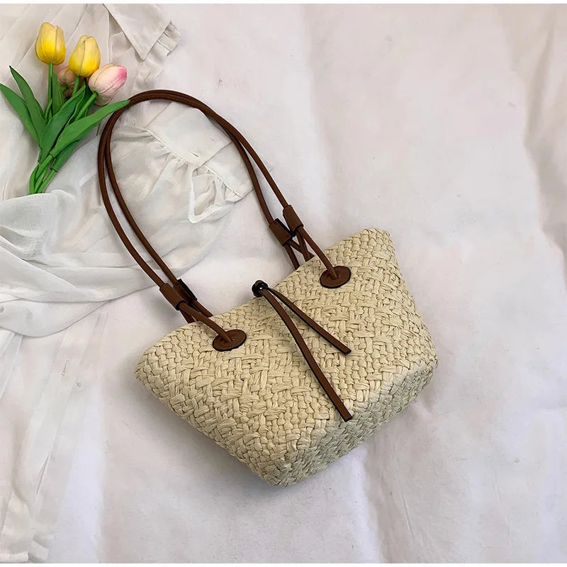 Women's Woven Straw-Style Bucket Tote Bag