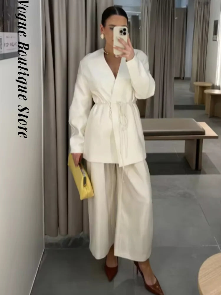Elegant Stain Loose Jacket Pants Suit Women Solid Lace Up Full Sleeve V-neck Jackets Wide Leg Trousers Fashion Street Sets Lady