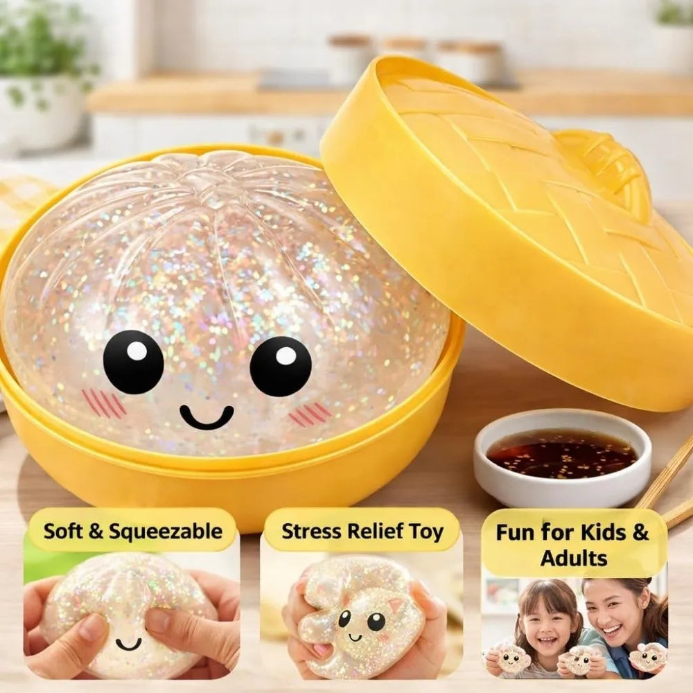 Glitter Dumplings Squishy Soft with Steamer Steamed Bun Squishy Pinch Le Fidget Slow Resilience Squeeze Decompression Dough