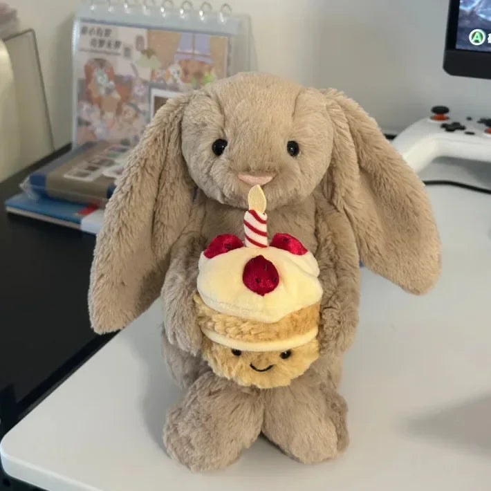 JC Shy Bonnie Rabbit Plush Doll | 31cm Soft Toy Holding Birthday Cake — Kids Holiday Gift