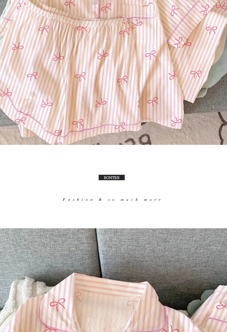 Women Summer Pajamas Three-piece Set Leisure Sleepwear Short Sleeve Lapel Sweet Bowknot Striped Print Homewear Female Loungewear
