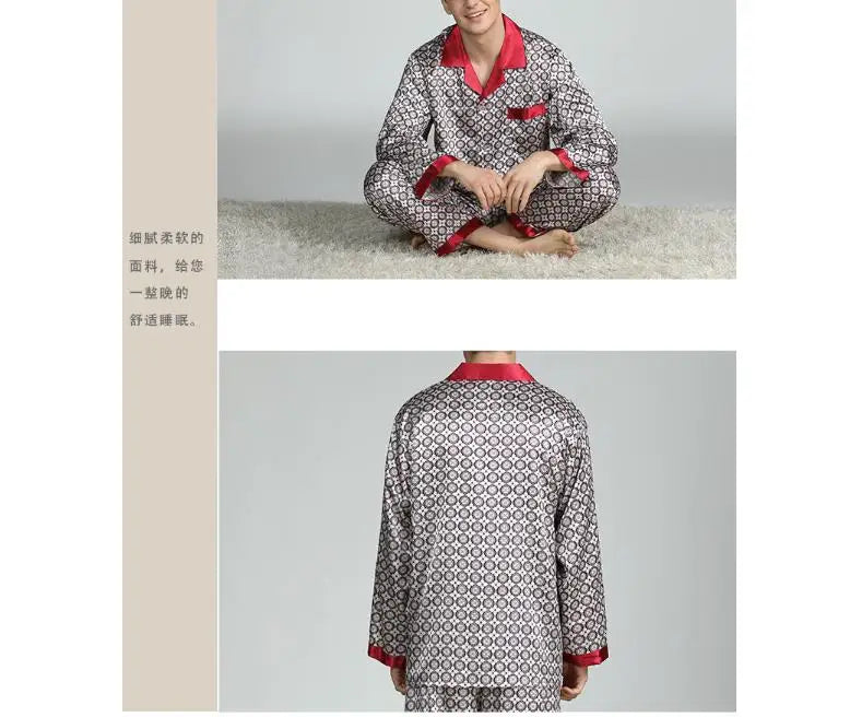 2026Men's Spring Summer Pajamas Sets Long Sleeve Tops&Pants Two-pieces Satin Home Clothes Male Ice Silk Printed Lounge Nightwear