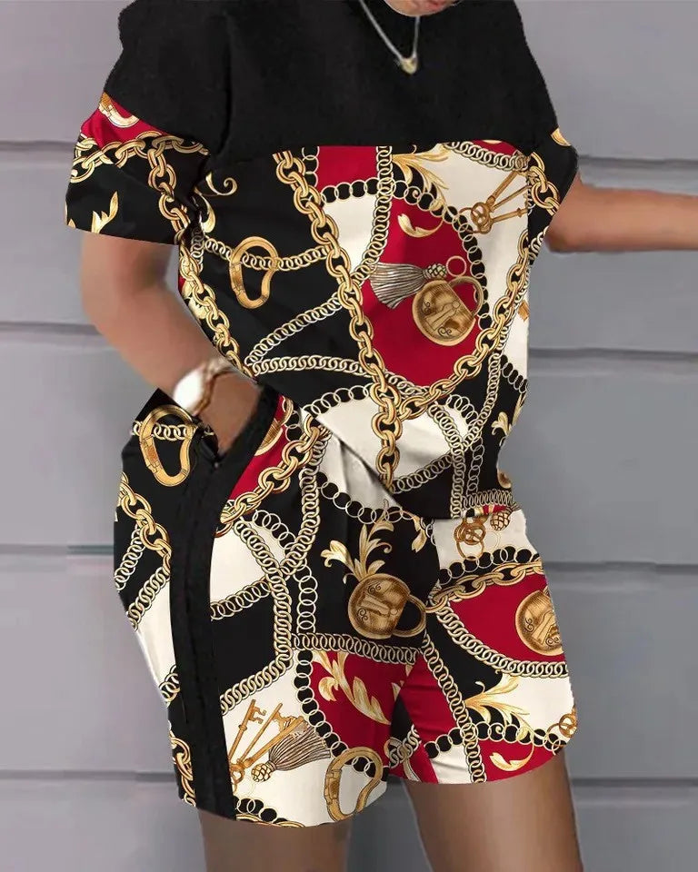 Women's Printed Wide Leg Pants & Short Sleeve Top Set