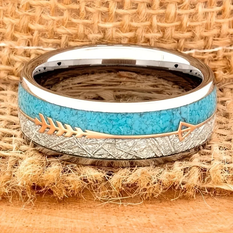 Elegant Stainless Steel Women's Vintage Ring with Unique Arrow and Turquoise Inlay - Comfort Fit for Wedding/Engagement