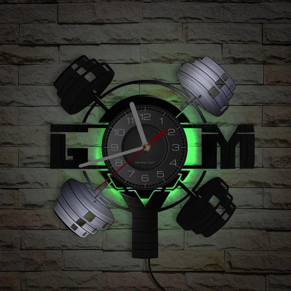 Fitness Equipment Theme Vinyl Record Fitness Wall Clock Home Decoration LED Backlight Modern Fitness Watch