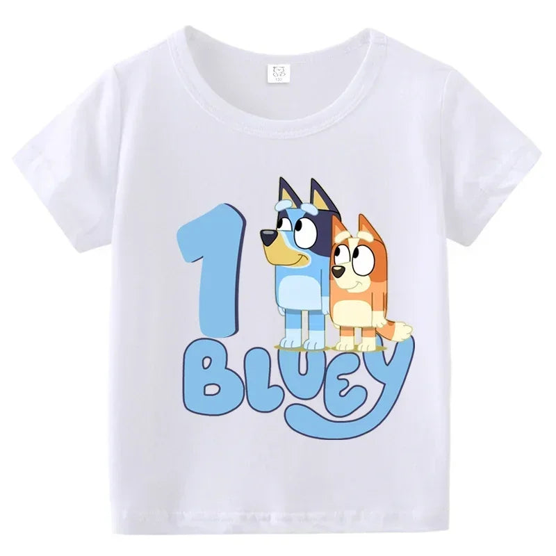 Blueys Baby Birthday T Shirt for Boys Girl Bingo Number Kids Clothes Summer Cartoon Letter Tees Shirts Toddler Short Sleeve Tops