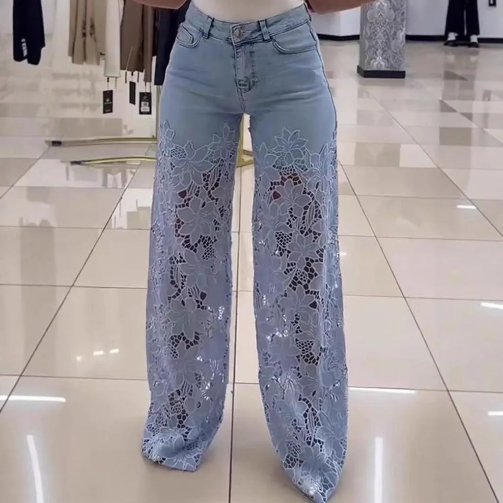 2026 Women's Patchwork Lace Hollow Out Pants Spring Summer Solid Color High-Waist Wide-Leg Pants Female Straight Trousers