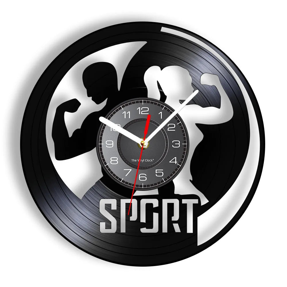 Fitness Equipment Theme Vinyl Record Fitness Wall Clock Home Decoration LED Backlight Modern Fitness Watch