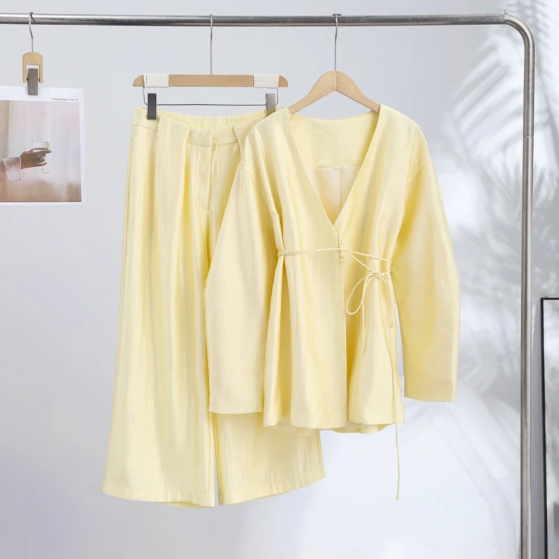 Elegant Stain Loose Jacket Pants Suit Women Solid Lace Up Full Sleeve V-neck Jackets Wide Leg Trousers Fashion Street Sets Lady
