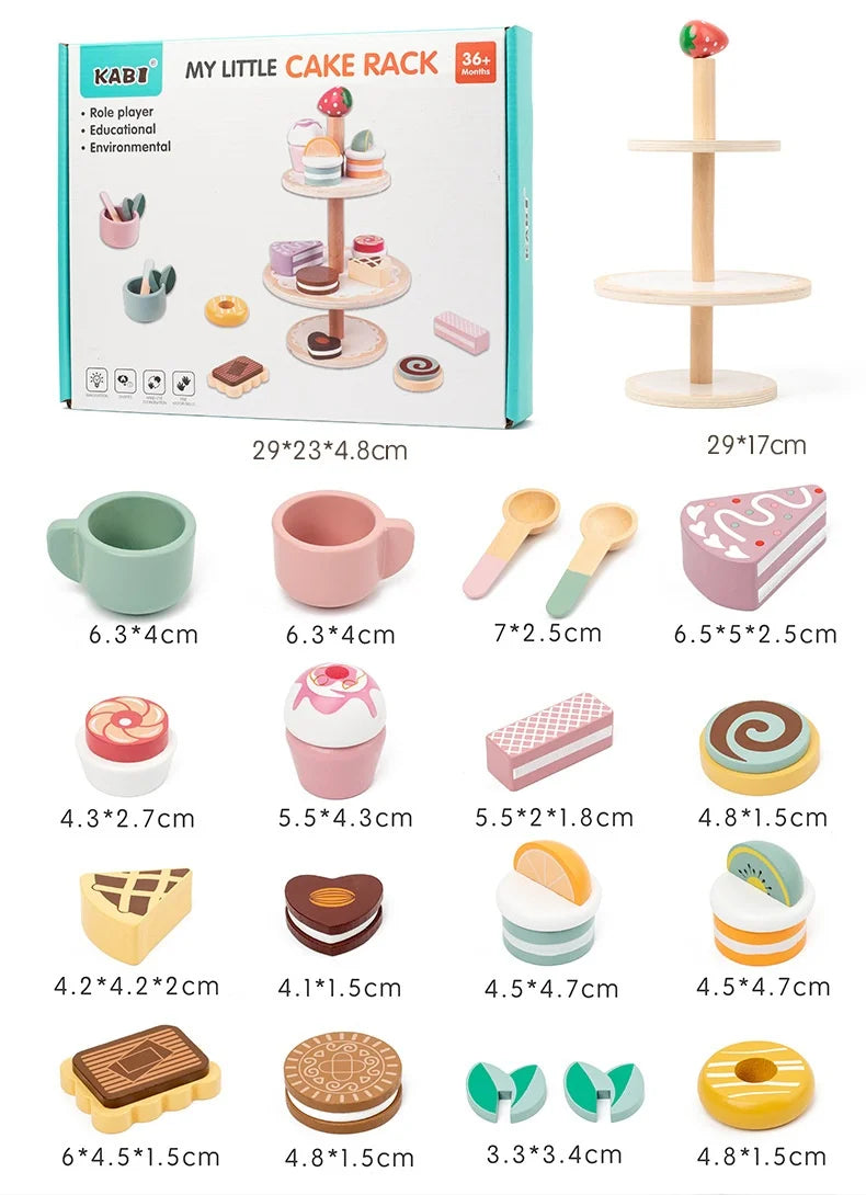 Tea Party Set Dessert Stand Playset ,Wooden Toys Pretend Play Food Kitchen Accessories for Toddler Tea Set Birthday Gift