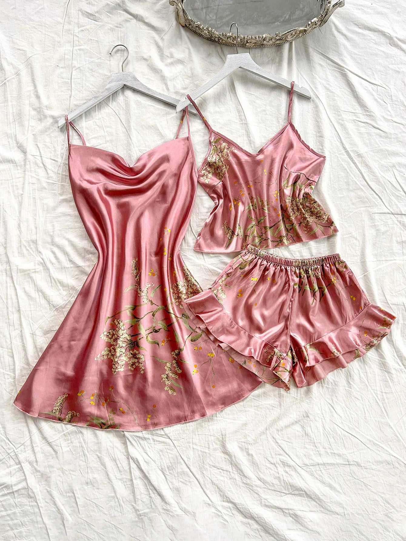 Women's Cherry Print 3-Piece Spaghetti Strap Pajama Set – Halter Dress Sleepwear & Loungewear