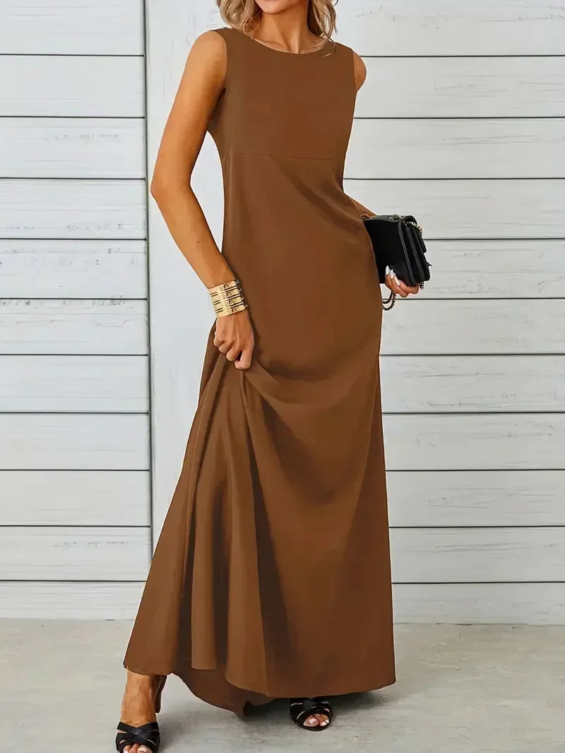 Women's Summer Elegant Long Dress Fashion Solid Sleeveless O-neck Temperament Slim Maxi Dress Ladies A-line Casual Dress