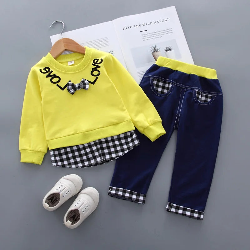 Girls' Bow Plaid Long Sleeve Top & Pants 2-Piece Set