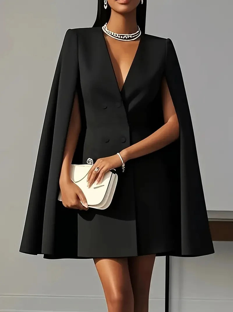 Women's Solid Blazer-Style Cape Sleeve Midi Dress – Elegant Office & Party Dress in 4 Colors