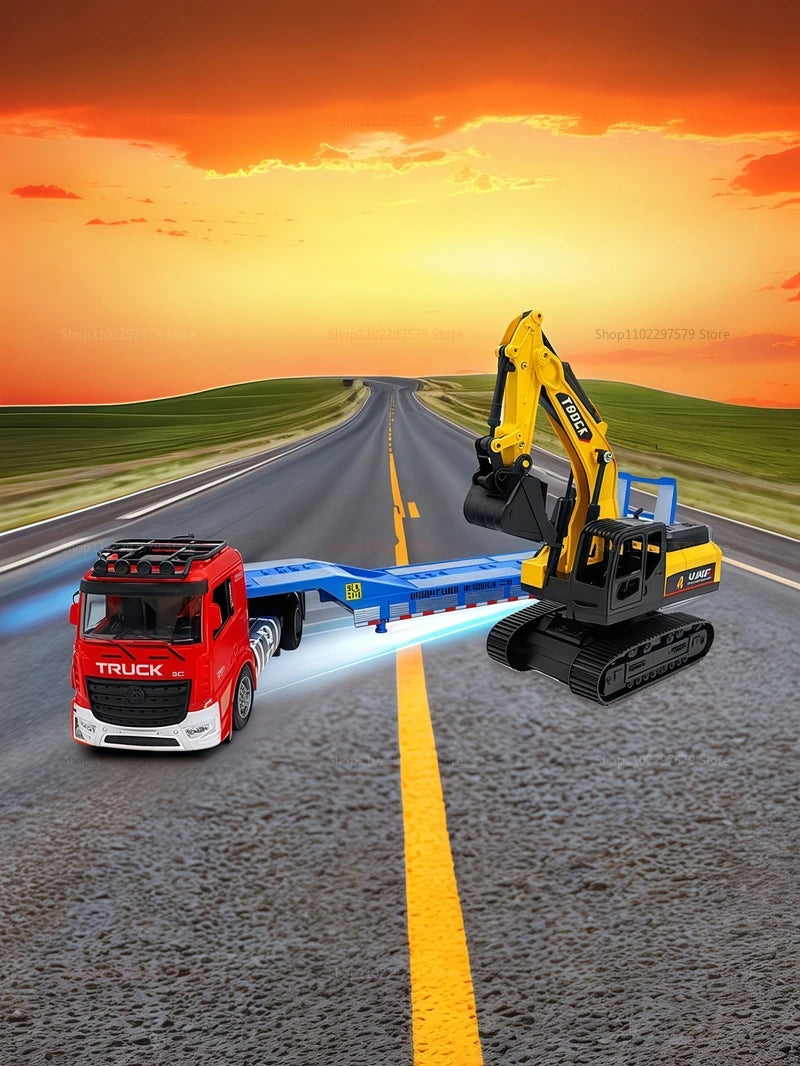 Large Flatbed Semi Truck Toy for Kids With Excavator 2-in-1 Alloy Engineer Vehicle 2.4G RC Car Toy for 2-5 Year Old Boy and Girl