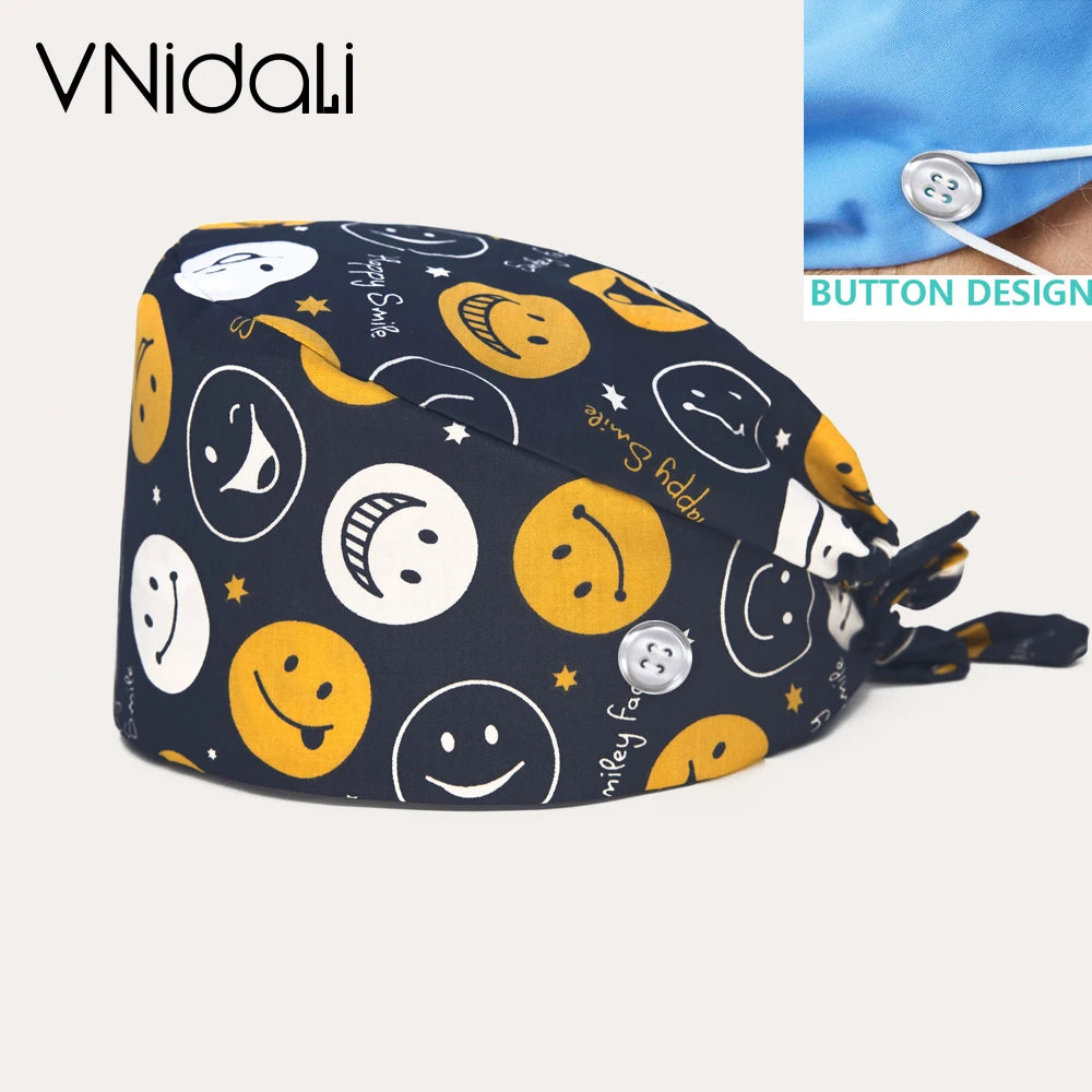 Floral Cotton Scrub Cap with Button – Adjustable Surgical Hat for Nurses, Doctors & Pet Groomers | 17 Colors