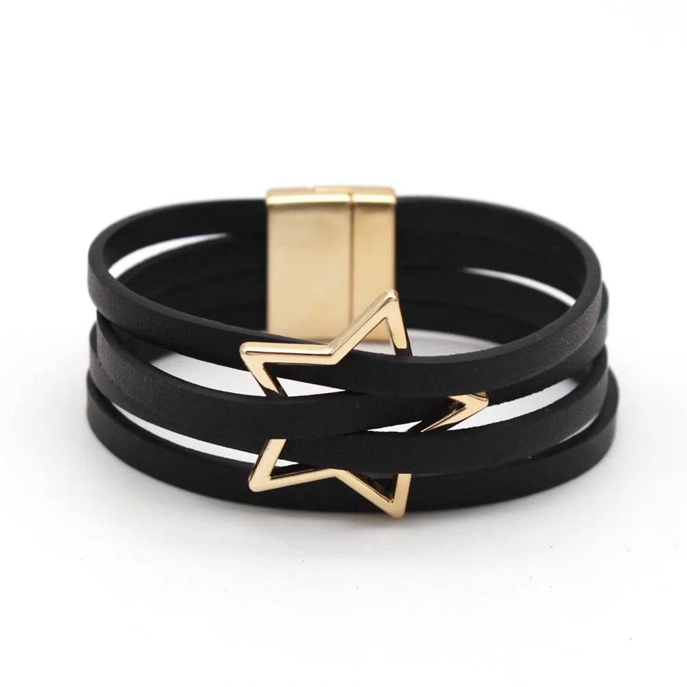 Women's Multilayer Leather Wrap Bracelet – Magnetic Clasp Wide Bangle | Punk Fashion Jewelry