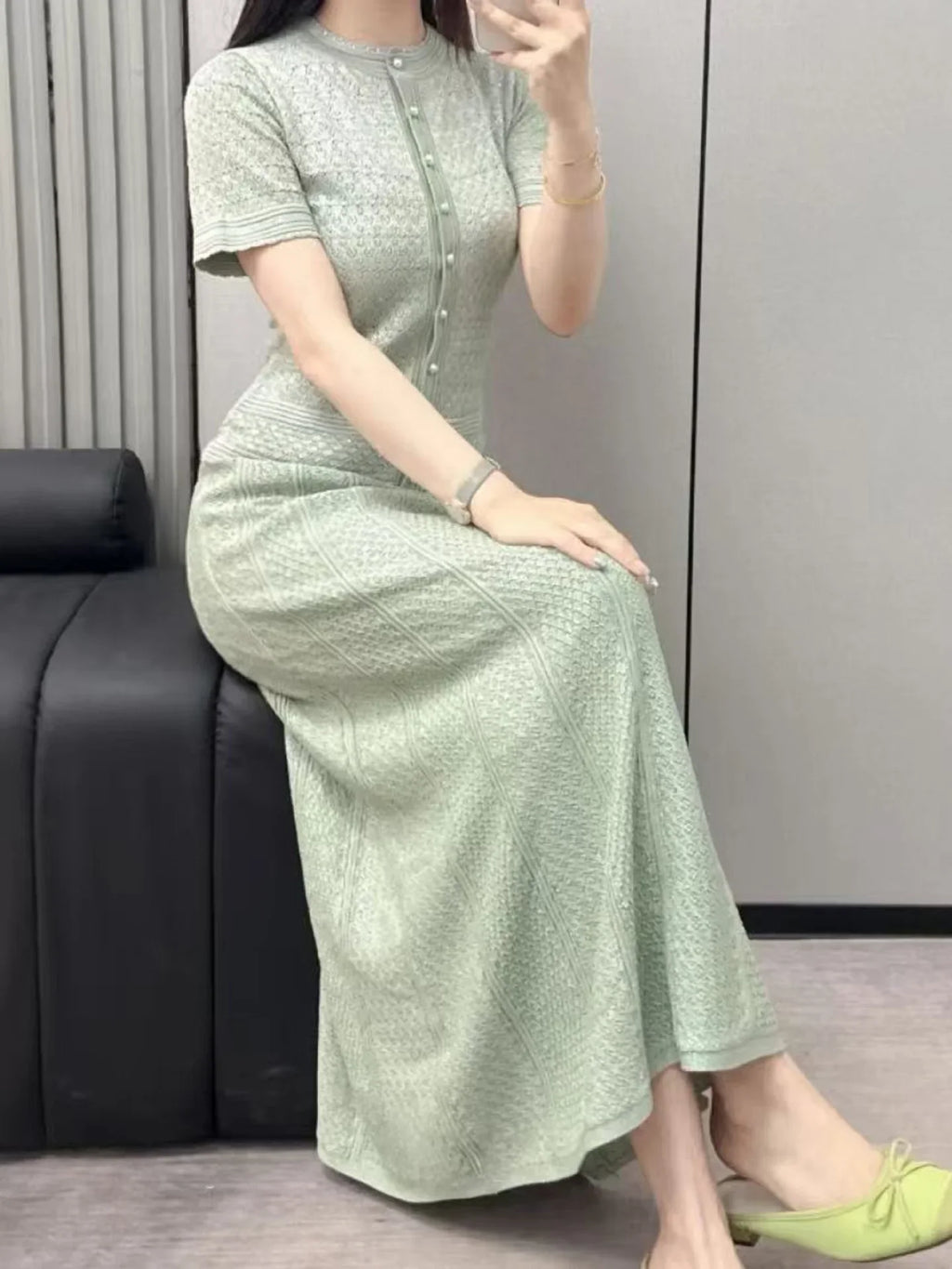 2026 NEW Ladies Spring Summer Short Sleeved Knitted Dress Women Single Row Pearl Button Diamond Patterned Pleated Dress