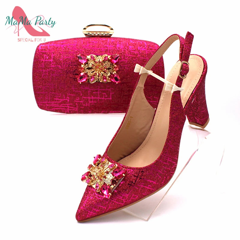 Fuchsia Color Italian Classics Design African Women Shoes and Bag Set High Quality with Shinning Crystal for Wedding Party