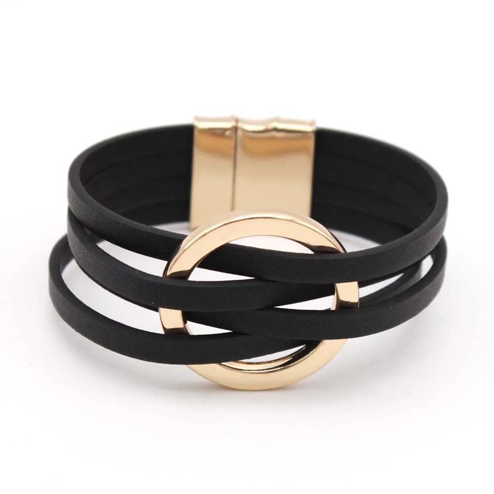 Women's Multilayer Leather Wrap Bracelet – Magnetic Clasp Wide Bangle | Punk Fashion Jewelry