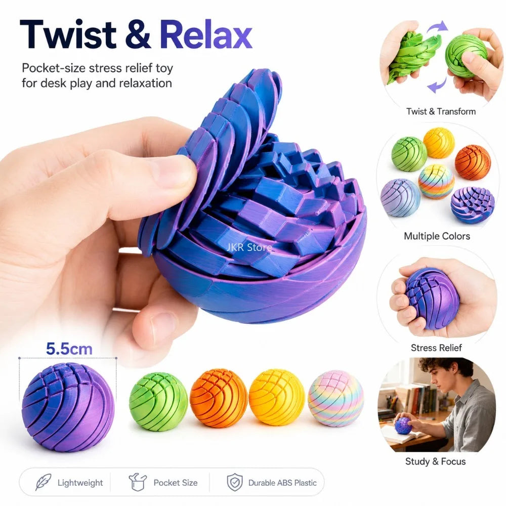 Twist Sphere 3D Printed Fidget Ball | Gear Rotating Liquid Flow Toy | Anxiety Relief | 3 Gradient Colors