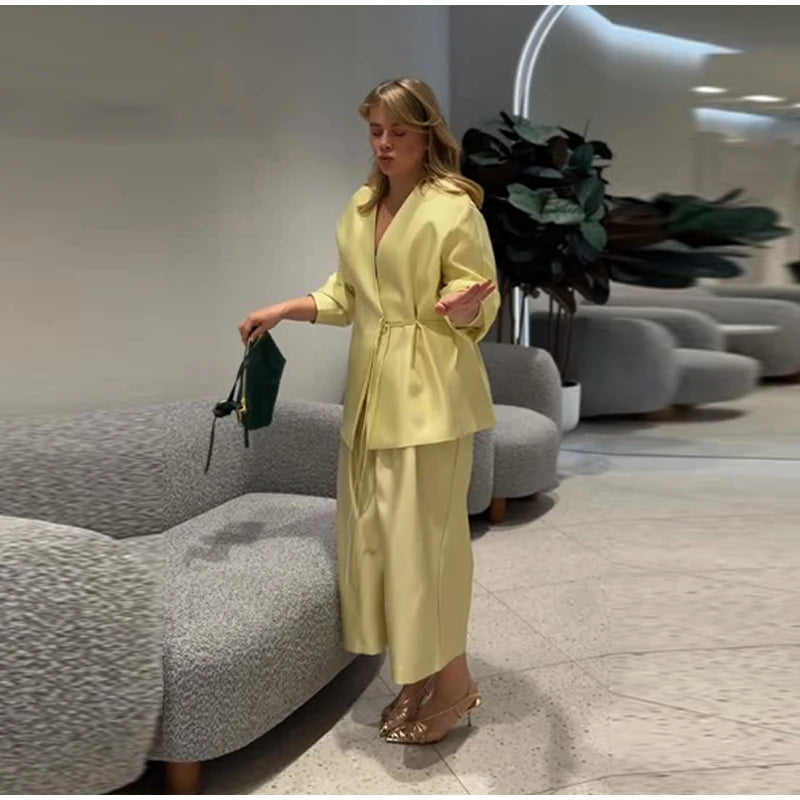 Elegant Stain Loose Jacket Pants Suit Women Solid Lace Up Full Sleeve V-neck Jackets Wide Leg Trousers Fashion Street Sets Lady