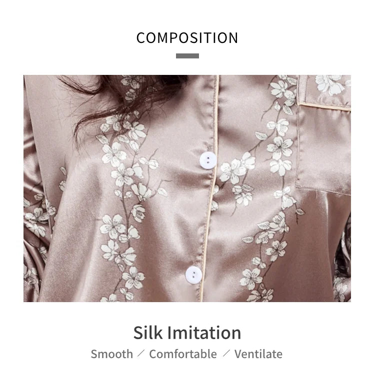 2026 Women Satin Pajama Casual Sleepwear Home Suit Spring Long Sleeve Button Up Top & Pants Nightwear Loungewear Pyjama Femme
