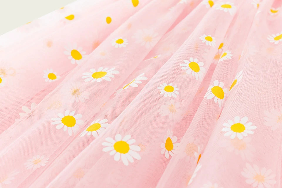 2026 Summer Girls Sling Dress Cute Daisy Print Tulle Skirt Casual Party Dress Kids Princess Dress with Lace Flower Trim 2-8Years