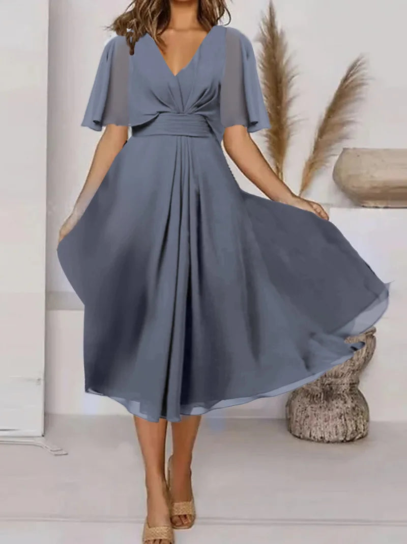Women's V-Neck Ruffle Chiffon A-Line Maxi Dress