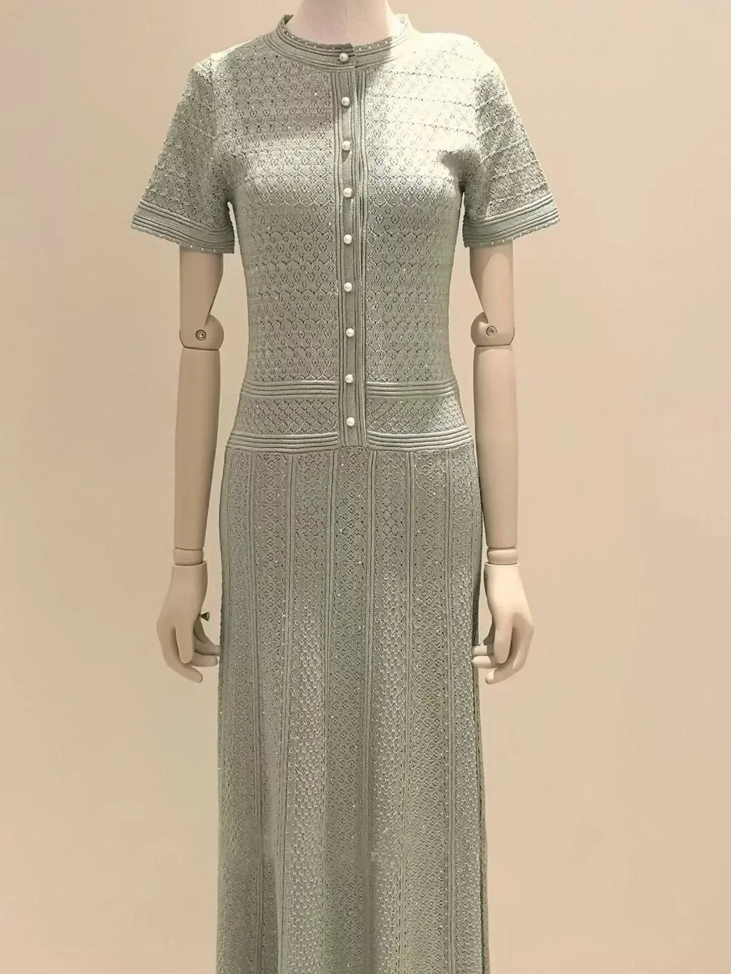 2026 NEW Ladies Spring Summer Short Sleeved Knitted Dress Women Single Row Pearl Button Diamond Patterned Pleated Dress