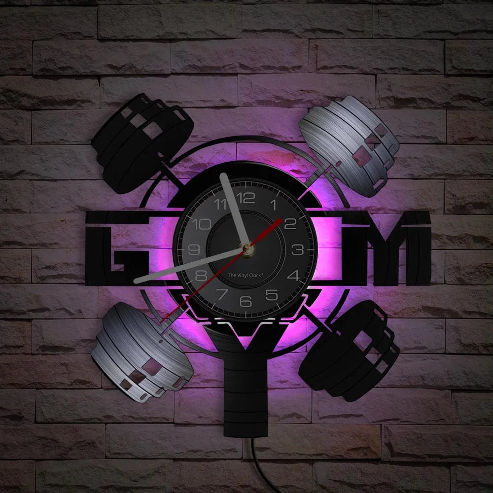Fitness Equipment Theme Vinyl Record Fitness Wall Clock Home Decoration LED Backlight Modern Fitness Watch