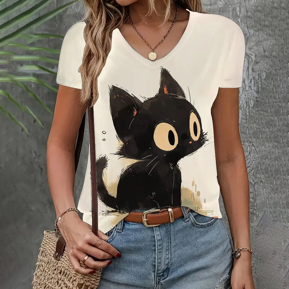 Women's Loose Short Sleeve 3D Cat Print T-Shirt – V-Neck Casual Summer Top