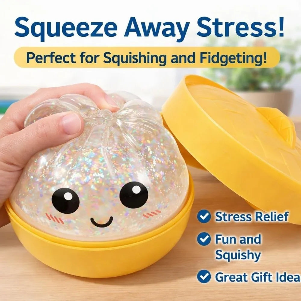 Glitter Dumplings Squishy Soft with Steamer Steamed Bun Squishy Pinch Le Fidget Slow Resilience Squeeze Decompression Dough
