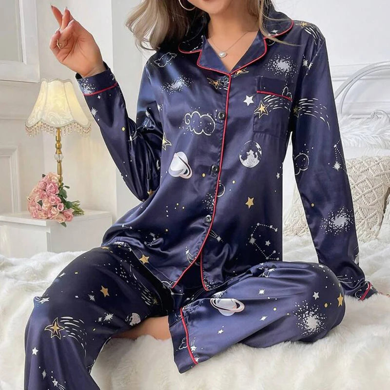 Women’s Satin Print Long Sleeve Button-Up Pajama Set – Full-Length Pants, 11 Colors, Sizes S–1XL