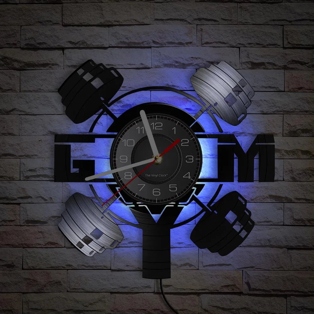 Fitness Equipment Theme Vinyl Record Fitness Wall Clock Home Decoration LED Backlight Modern Fitness Watch