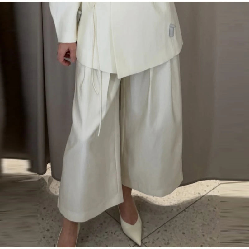 Elegant Stain Loose Jacket Pants Suit Women Solid Lace Up Full Sleeve V-neck Jackets Wide Leg Trousers Fashion Street Sets Lady