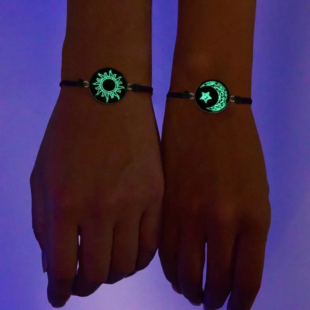 Handmade Braided Couple Bracelets Sun Moon Themed Glow In The Dark Glass Bead Adjustable Rope Wrist Jewelry Romantic Matching Accessory Gift