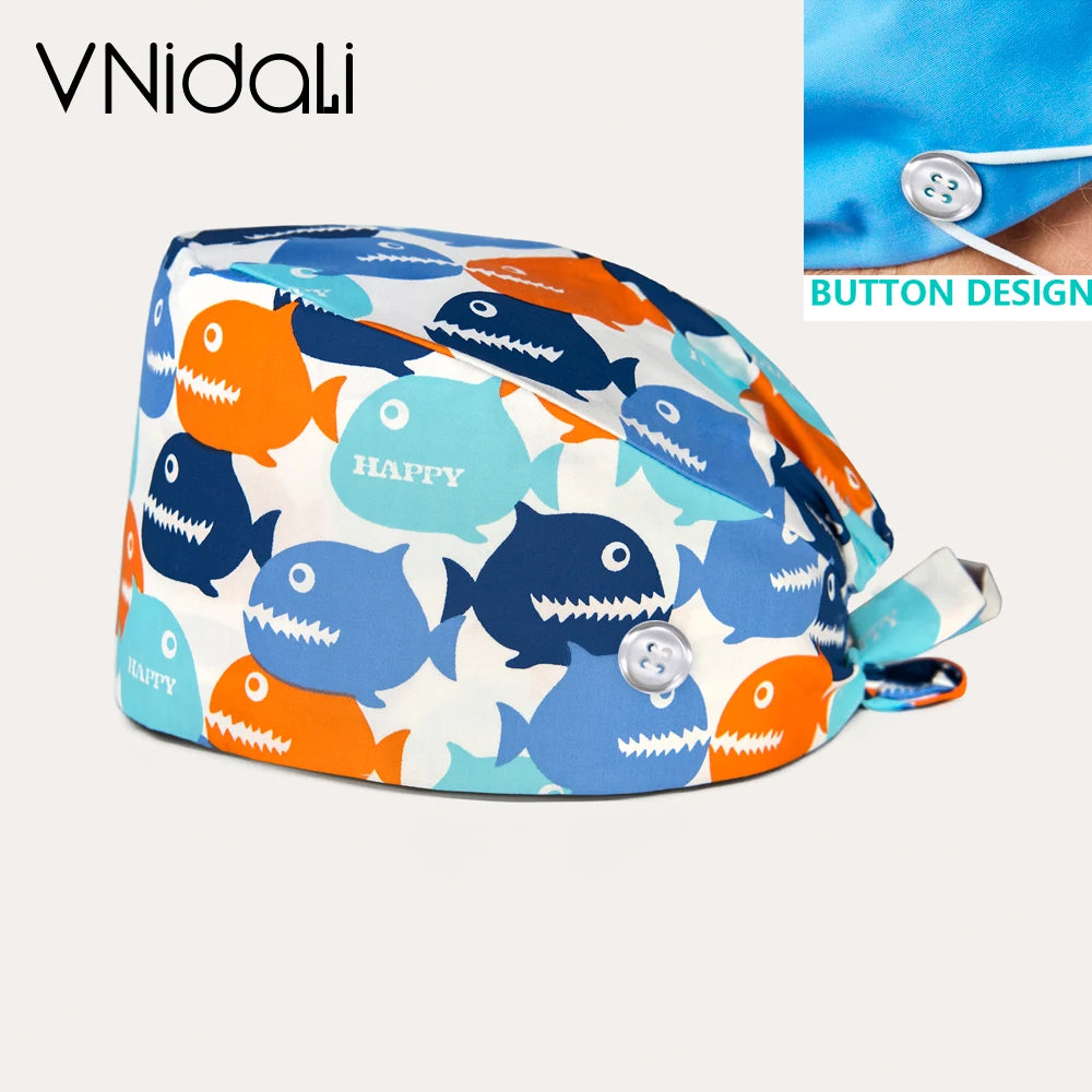 Floral Cotton Scrub Cap with Button – Adjustable Surgical Hat for Nurses, Doctors & Pet Groomers | 17 Colors