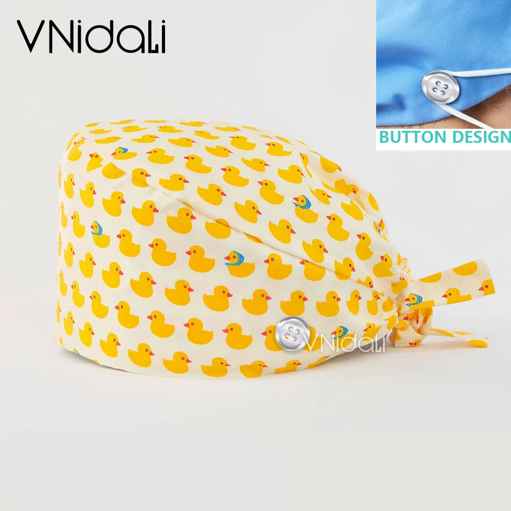 Floral Cotton Scrub Cap with Button – Adjustable Surgical Hat for Nurses, Doctors & Pet Groomers | 17 Colors