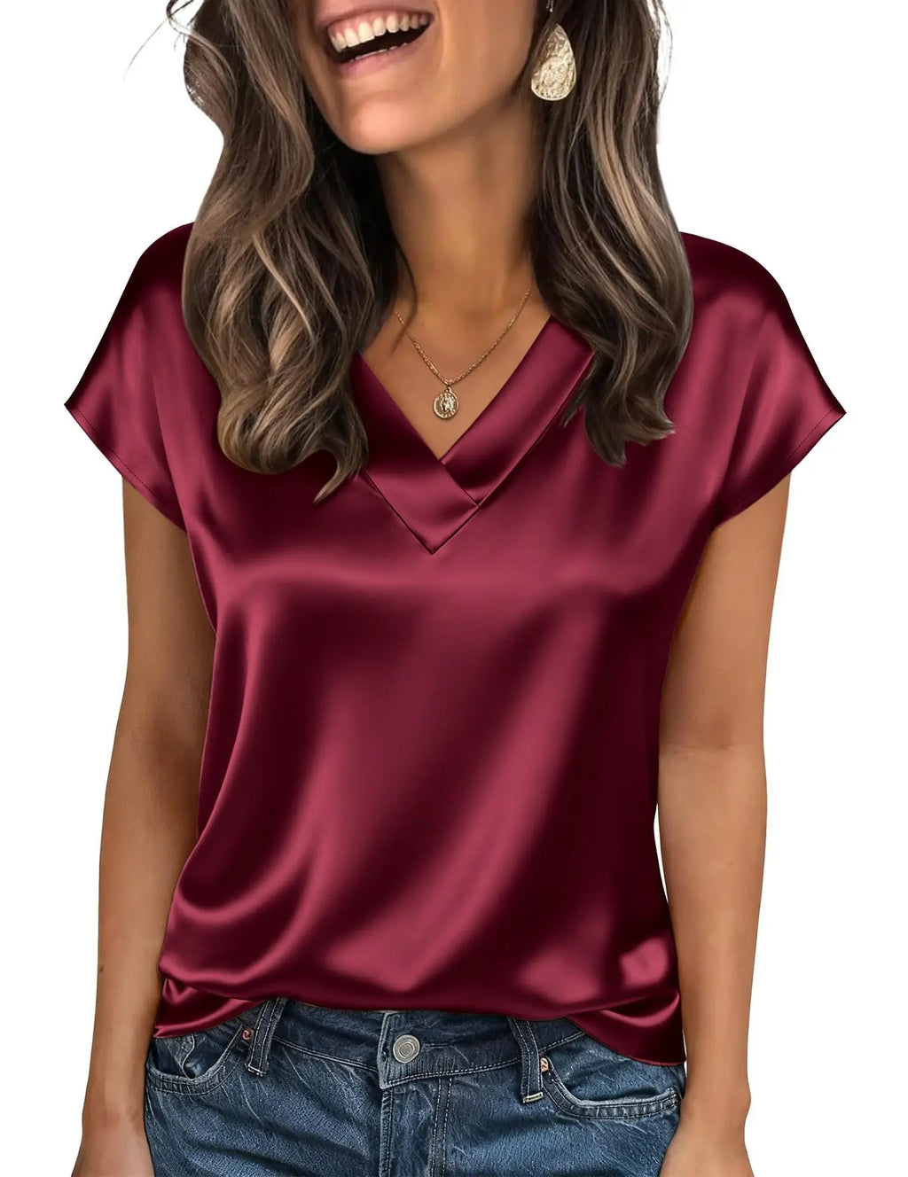 Women's Satin V-Neck Short Sleeve Blouse