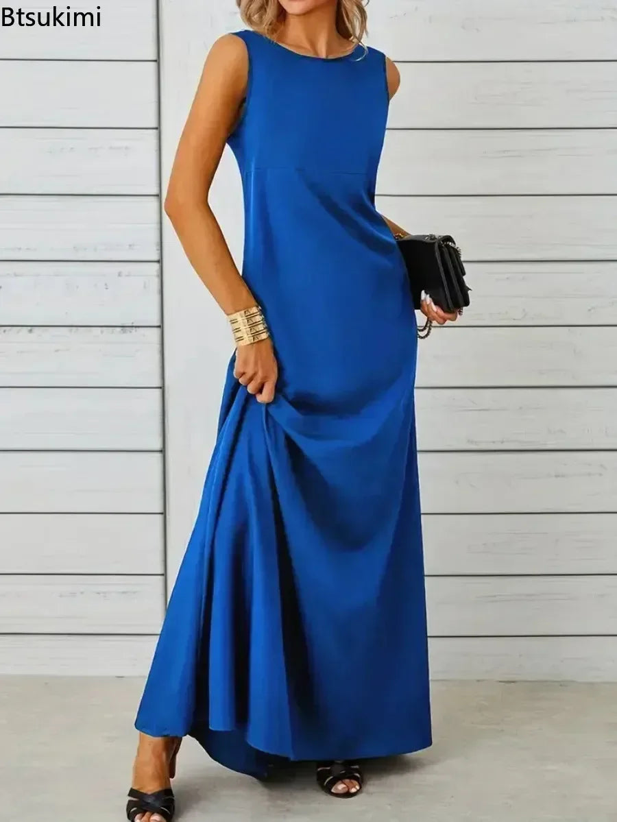 2026 Women's Summer Elegant Long Dress Fashion Solid Sleeveless O-neck Temperament Slim Maxi Dress Ladies A-line Casual Dress