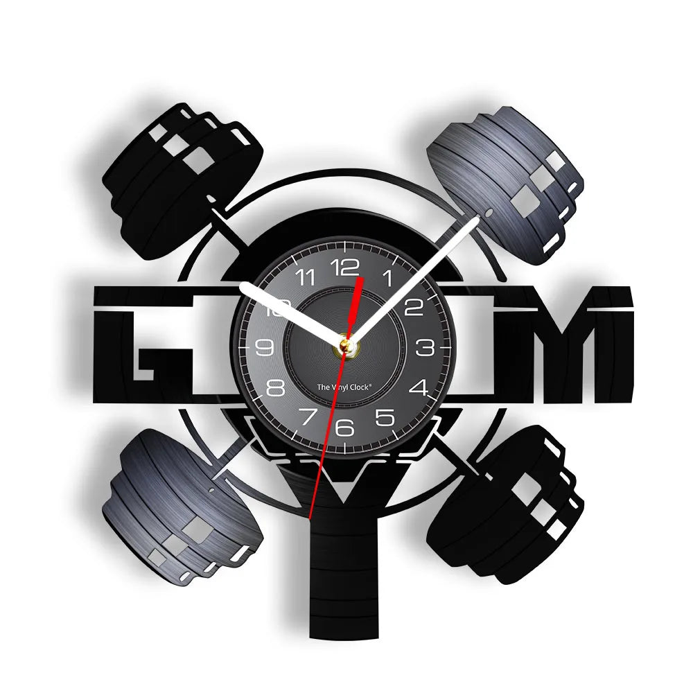 Fitness Equipment Theme Vinyl Record Fitness Wall Clock Home Decoration LED Backlight Modern Fitness Watch
