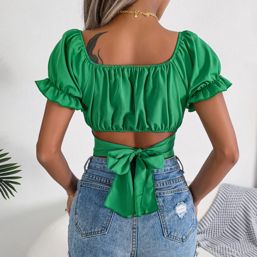 Women's Square Collar Tie-Front Chiffon Crop Top
