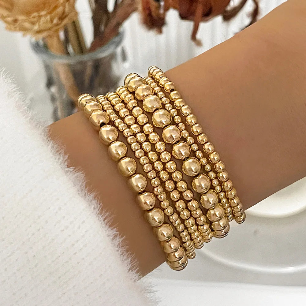 Women's Handmade Gold Beaded Charm Bracelet – Elastic Stainless Steel Strand Bangle