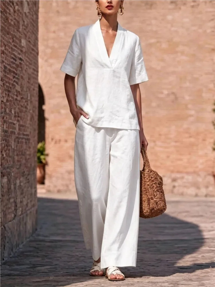 Summer Casual V-neck Short-sleeved Women Trousers 2-piece Set Fashion Casual Loose Wide-leg Trousers Female Lazy Daily Suit 2026